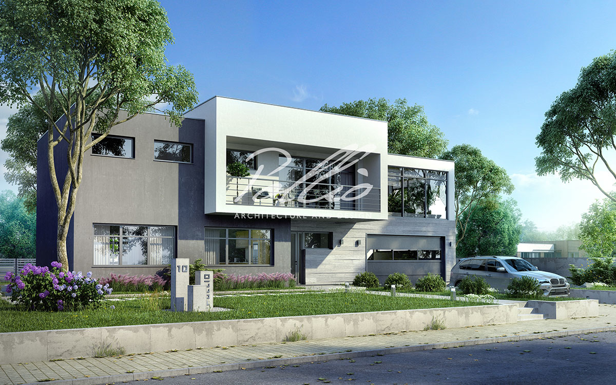 X10 - Проект двухэтажного дома хай-тек 19 х 12 с плоской крышей, гаражом, зимним садом и большими окнами / 2
