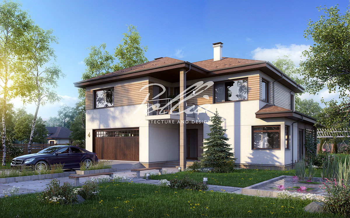 X4 - Проект двухэтажного дома 12 х 14 из газобетона с гаражом на 2 машины, 3 спальнями и террасой / 1
