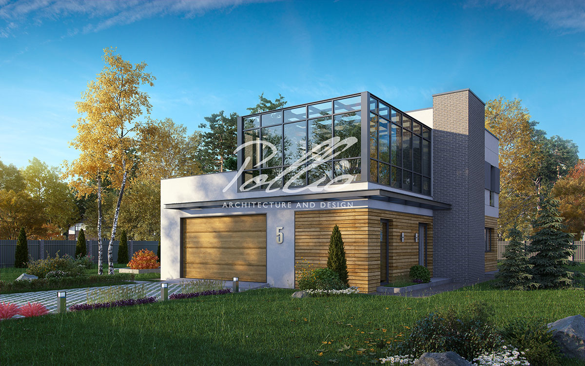 X5 - Проект двухэтажного дома 12 х 14 в стиле хай-тек из газобетона с гаражом и зимним садом / 1