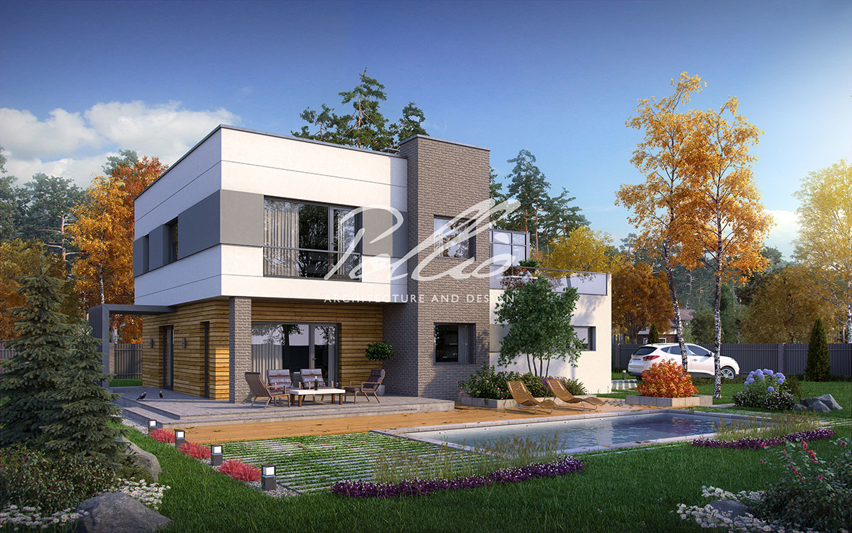 X5 - Проект двухэтажного дома 12 х 14 в стиле хай-тек из газобетона с гаражом и зимним садом / 2