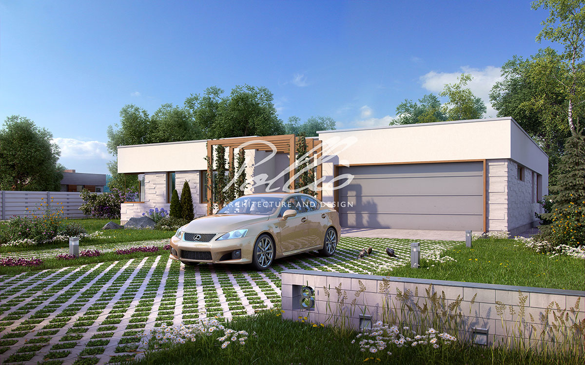 X7 - Проект одноэтажного дома 17 х 18 из газобетона с гаражом и плоской крышей / 1
