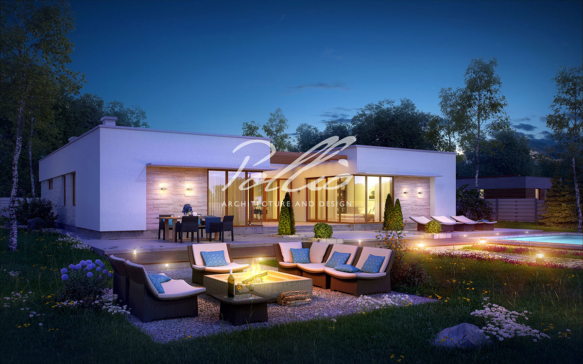 X7 - Проект одноэтажного дома 17 х 18 из газобетона с гаражом и плоской крышей / 3
