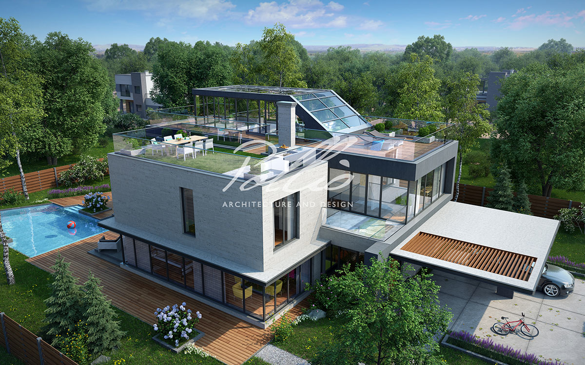 X8 - Проект трехэтажного дома хай-тек с 4 спальнями, террасой и зимним садом на эксплуатируемой крыше / 1