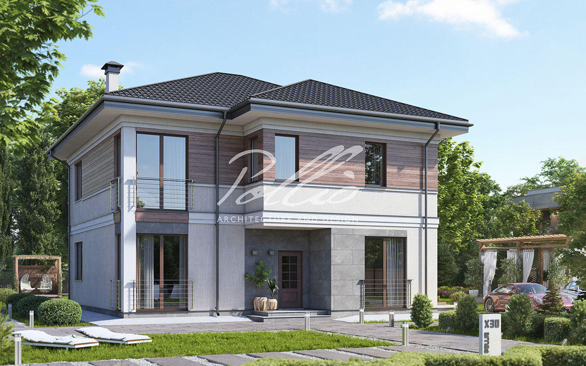 X30 - Проект двухэтажного дома 11 х 11 из газобетона с 4 спальнями и террасой / 1