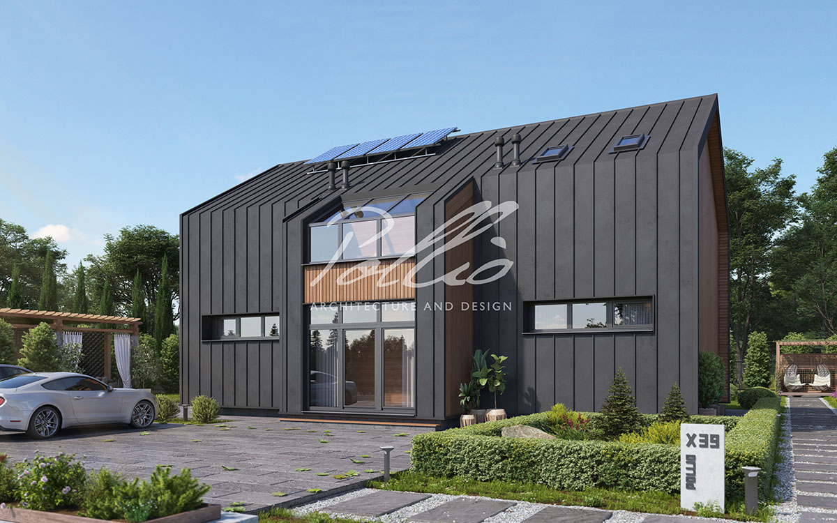 X39 - Проект двухэтажного дома 14 х 11 из СИП-панелей в стиле барнхаус со вторым светом / 1